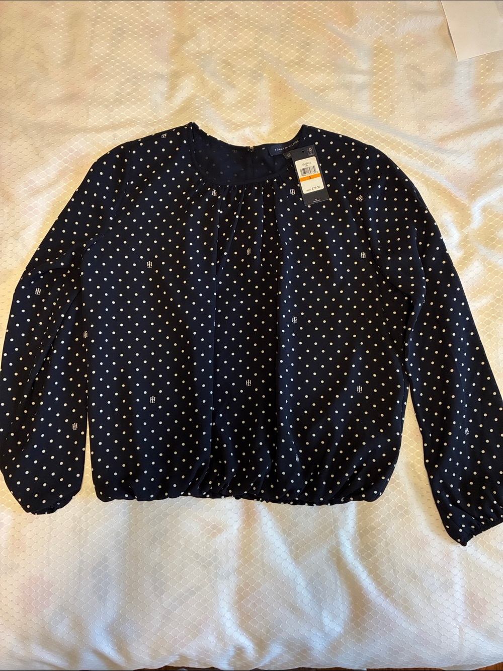 Tommy Hilfiger Navy Polka Dot Bubble Hem Blouse NWT